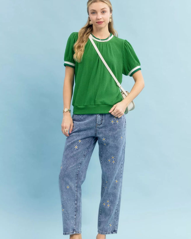 Umgee Puff Sleeve Knit Top with Contrast Rib Trim - Sleekdenim.com