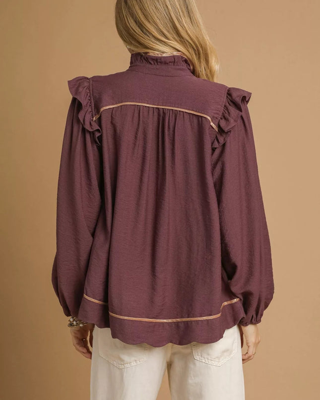 Umgee Ruffle Shoulder Long Sleeve Blouse - Sleekdenim.com