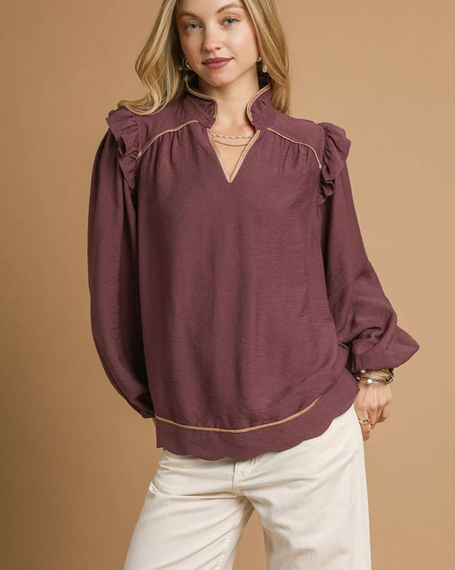 Umgee Ruffle Shoulder Long Sleeve Blouse - Sleekdenim.com