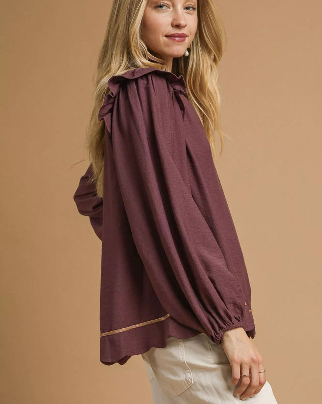 Umgee Ruffle Shoulder Long Sleeve Blouse - Sleekdenim.com