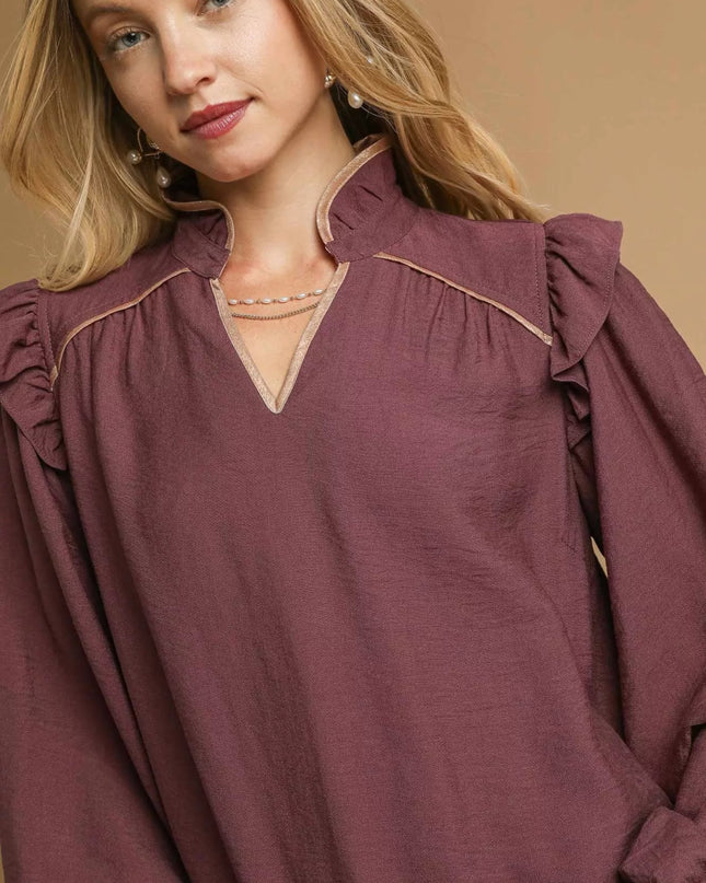 Umgee Ruffle Shoulder Long Sleeve Blouse - Sleekdenim.com