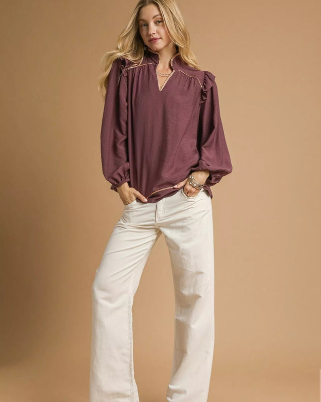 Umgee Ruffle Shoulder Long Sleeve Blouse - Sleekdenim.com