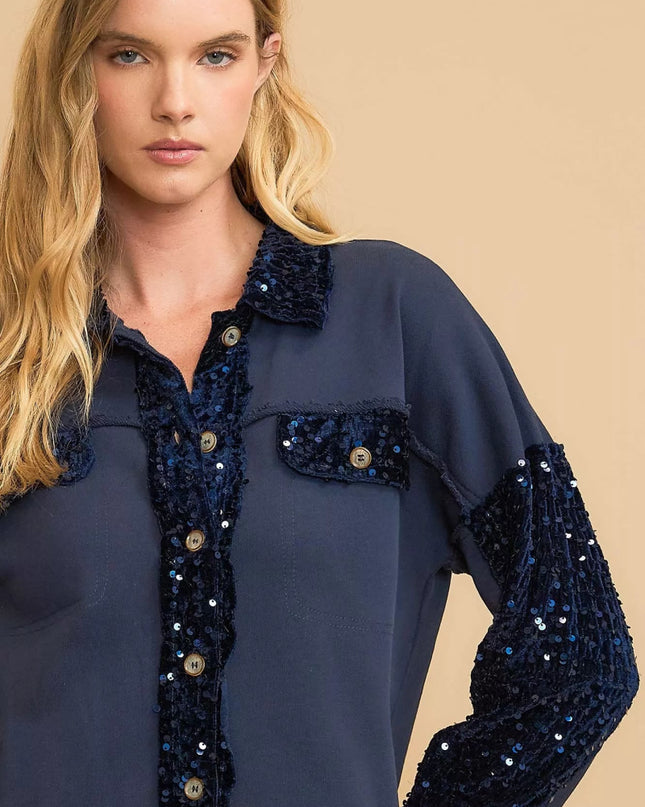 Umgee Sequined French Terry Jacket - Sleekdenim.com