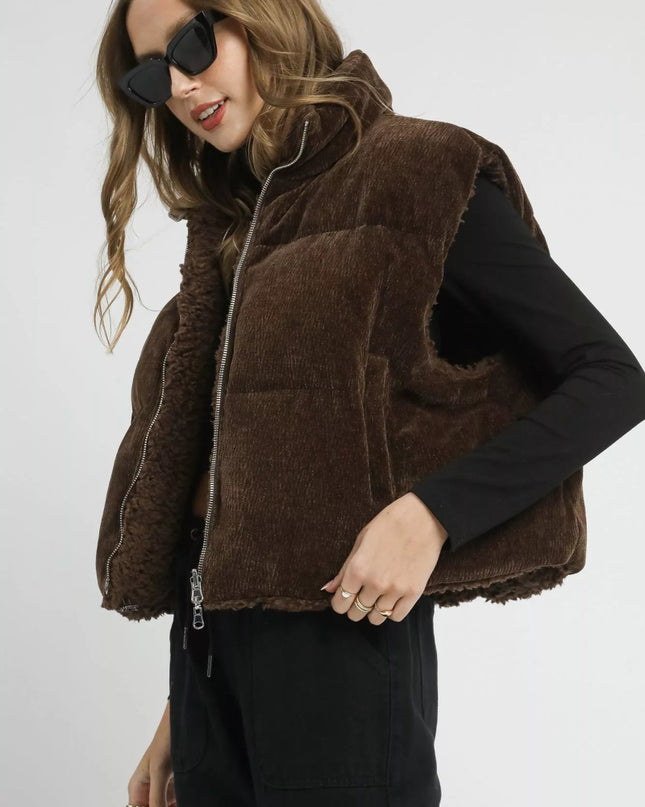 Umgee Sherpa - Lined Zip Vest with Drawstring Hem - Sleekdenim.com