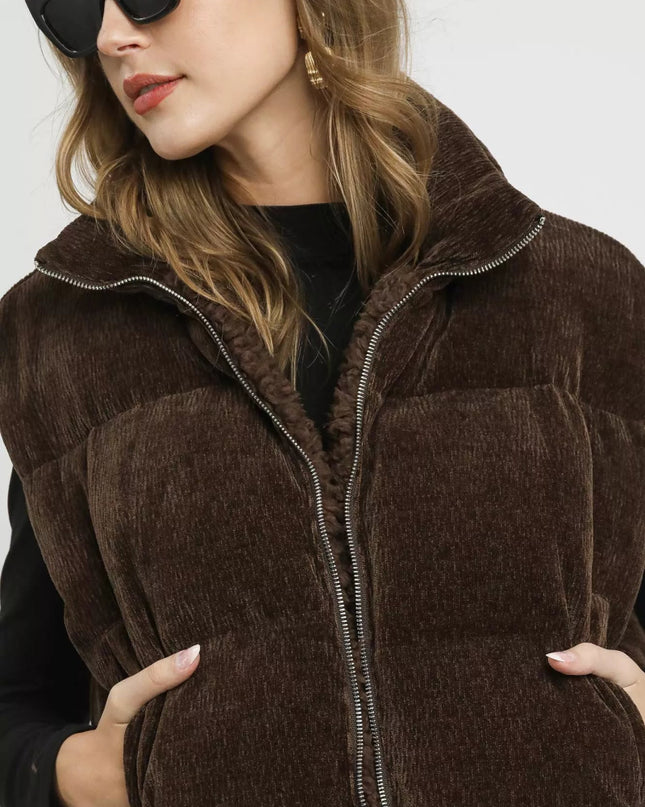 Umgee Sherpa - Lined Zip Vest with Drawstring Hem - Sleekdenim.com