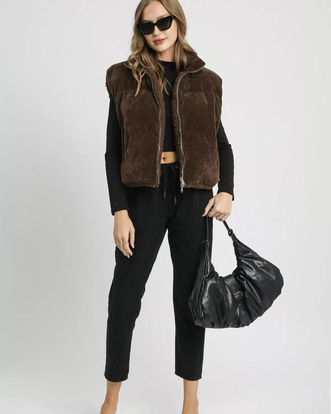 Umgee Sherpa - Lined Zip Vest with Drawstring Hem - Sleekdenim.com