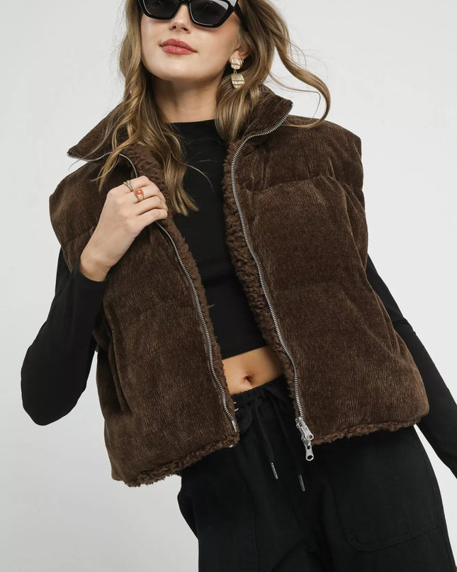 Umgee Sherpa - Lined Zip Vest with Drawstring Hem - Sleekdenim.com