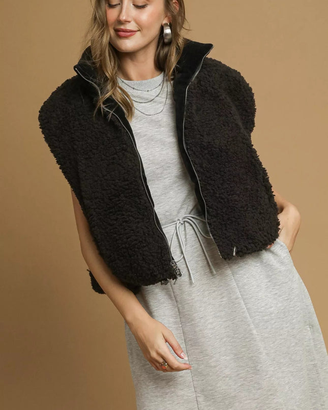 Umgee Sherpa - Lined Zip Vest with Drawstring Hem - Sleekdenim.com