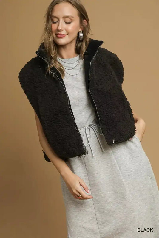 Umgee Sherpa-Lined Zip Vest with Drawstring Hem - Sleekdenim.com