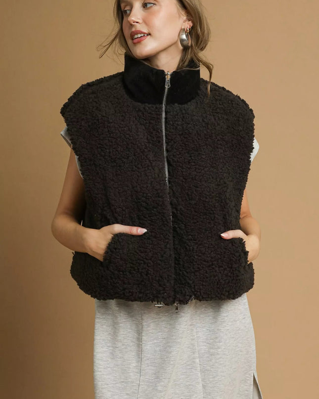 Umgee Sherpa - Lined Zip Vest with Drawstring Hem - Sleekdenim.com