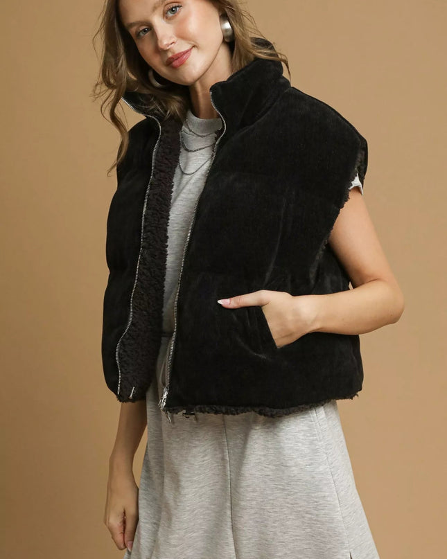 Umgee Sherpa - Lined Zip Vest with Drawstring Hem - Sleekdenim.com