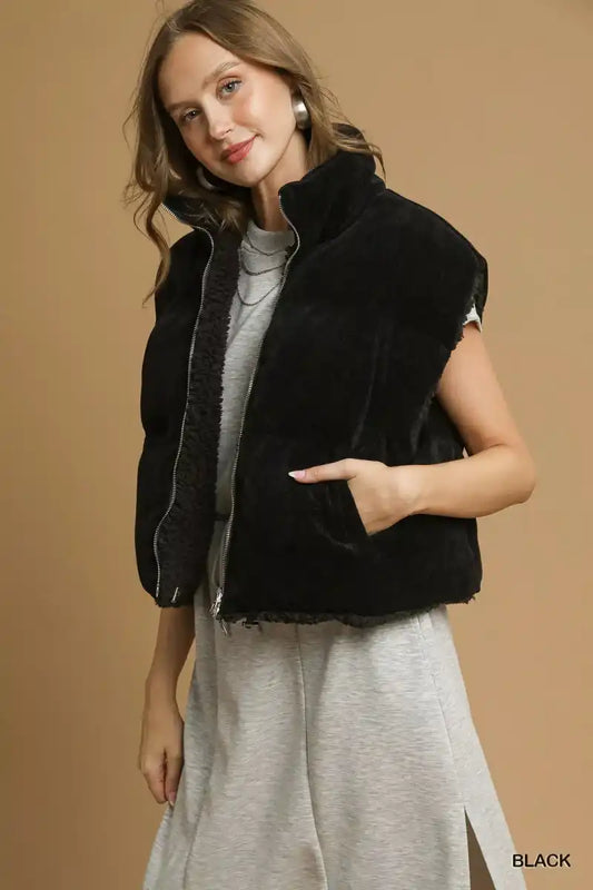 Umgee Sherpa-Lined Zip Vest with Drawstring Hem - Sleekdenim.com