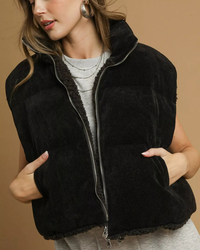 Umgee Sherpa - Lined Zip Vest with Drawstring Hem - Sleekdenim.com