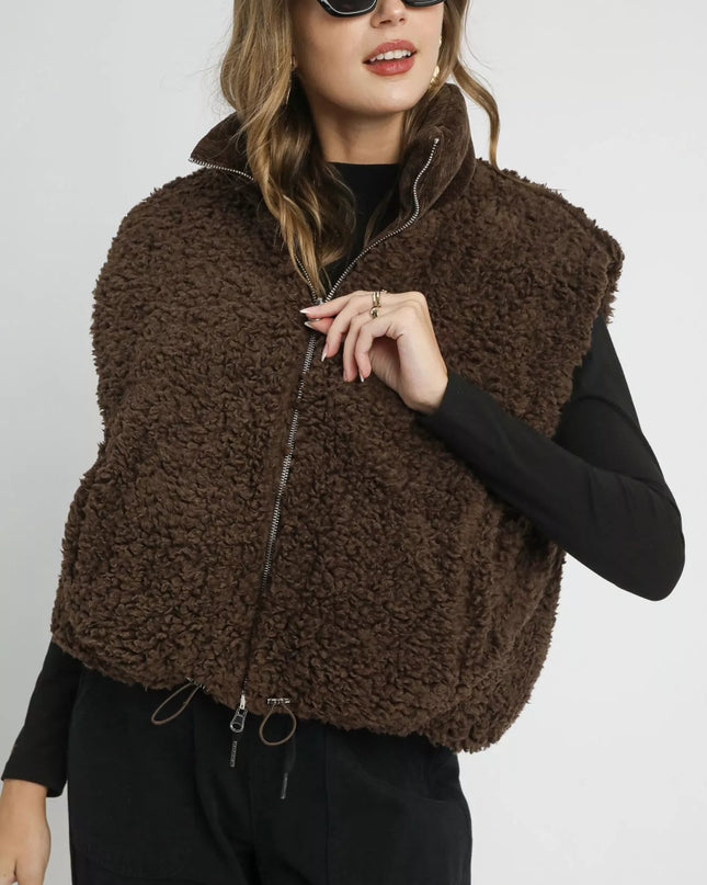 Umgee Sherpa - Lined Zip Vest with Drawstring Hem - Sleekdenim.com