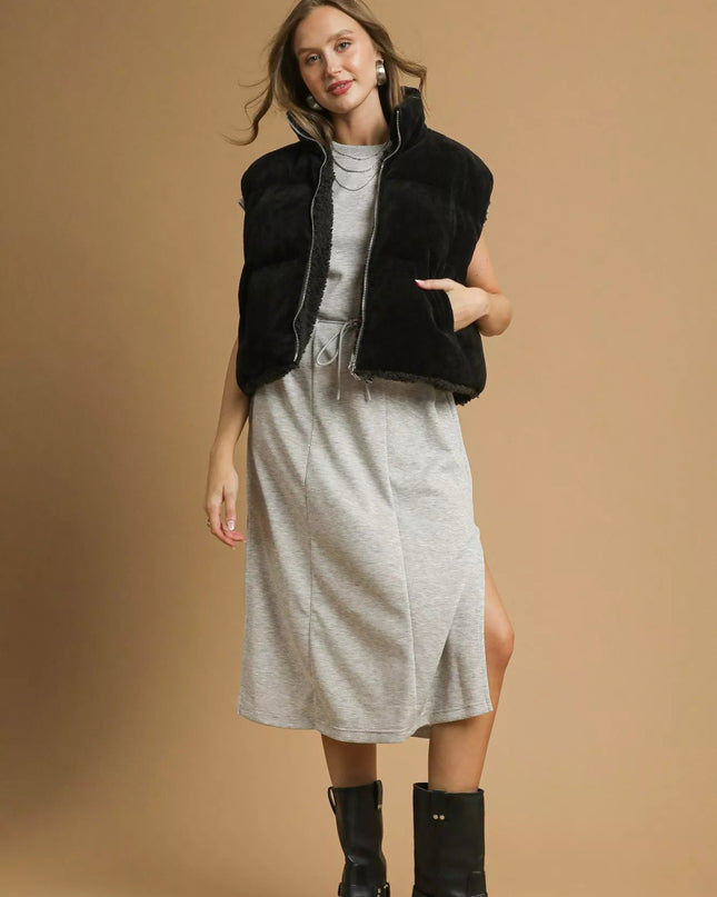 Umgee Sherpa - Lined Zip Vest with Drawstring Hem - Sleekdenim.com