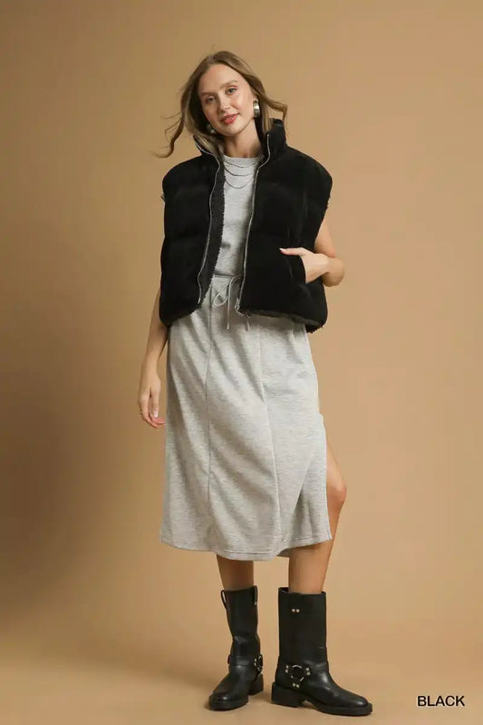 Umgee Sherpa-Lined Zip Vest with Drawstring Hem - Sleekdenim.com