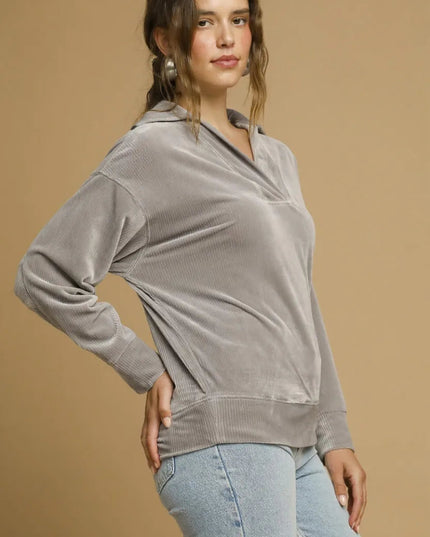 Umgee Soft Thermal Collared Long Sleeve Top - Sleekdenim.com