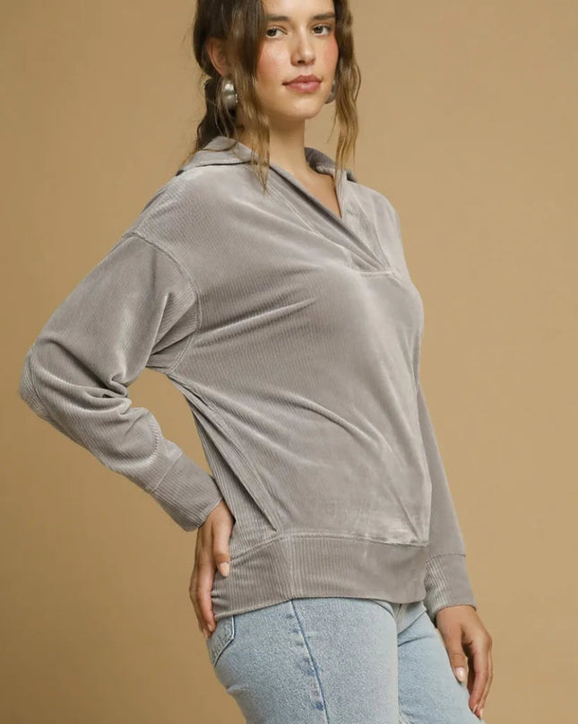 Umgee Soft Thermal Collared Long Sleeve Top - Sleekdenim.com