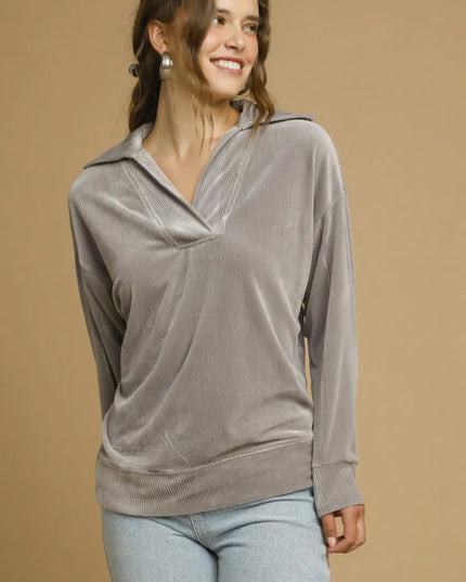 Umgee Soft Thermal Collared Long Sleeve Top - Sleekdenim.com