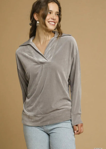 Umgee Soft Thermal Collared Long Sleeve Top - Sleekdenim.com