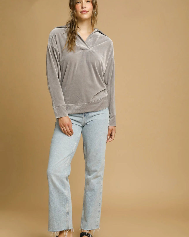 Umgee Soft Thermal Collared Long Sleeve Top - Sleekdenim.com