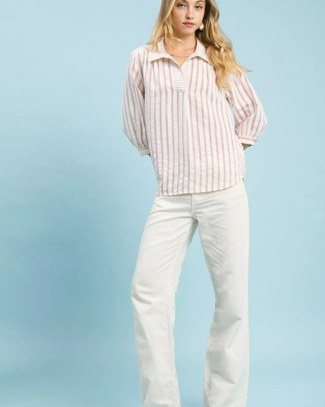 Umgee Striped Collared Neck Blouse - Sleekdenim.com