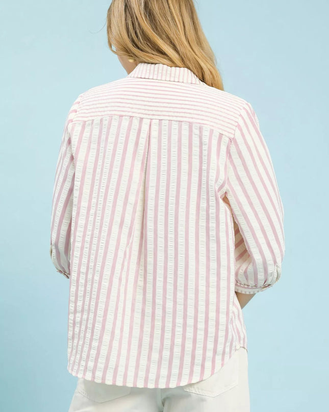 Umgee Striped Collared Neck Blouse - Sleekdenim.com