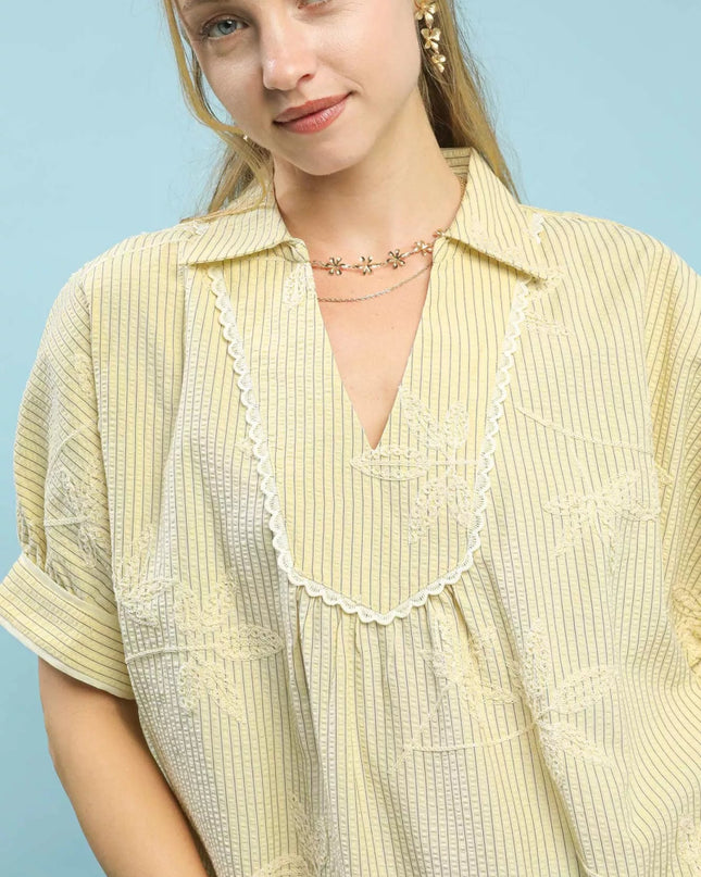 Umgee Striped Embroidered Blouse with Scallop Trim - Sleekdenim.com