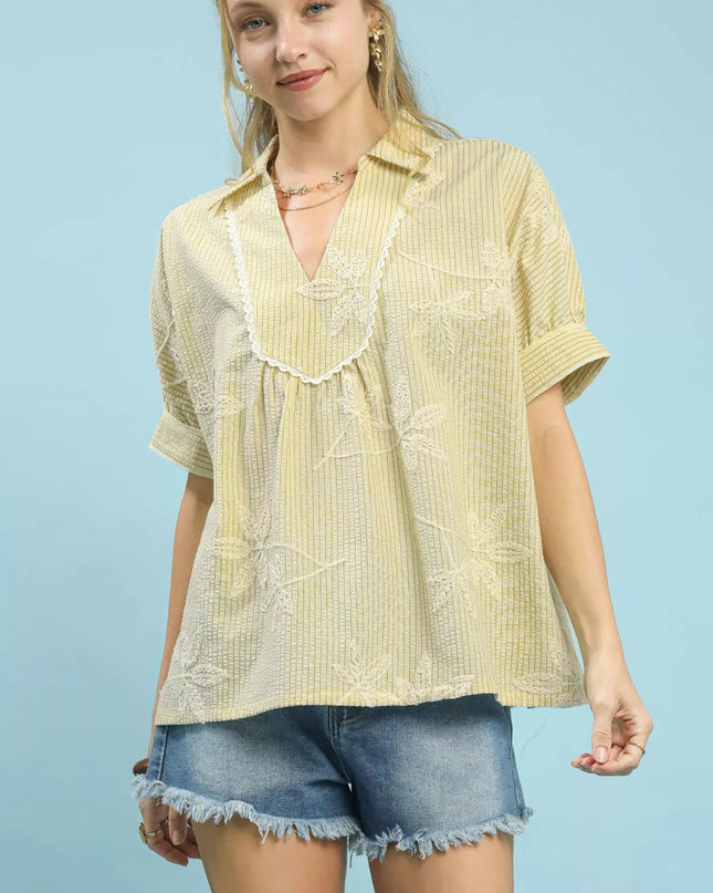 Umgee Striped Embroidered Blouse with Scallop Trim - Sleekdenim.com
