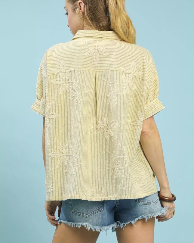 Umgee Striped Embroidered Blouse with Scallop Trim - Sleekdenim.com
