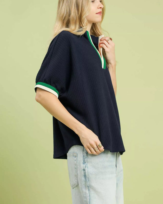 Umgee Textured Knit Top with Striped Contrast Trim - Sleekdenim.com