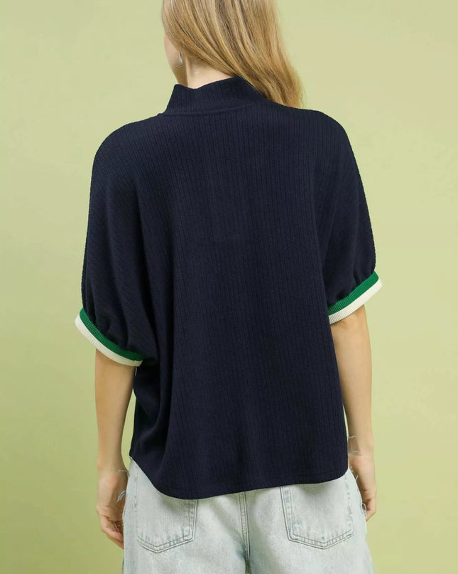 Umgee Textured Knit Top with Striped Contrast Trim - Sleekdenim.com
