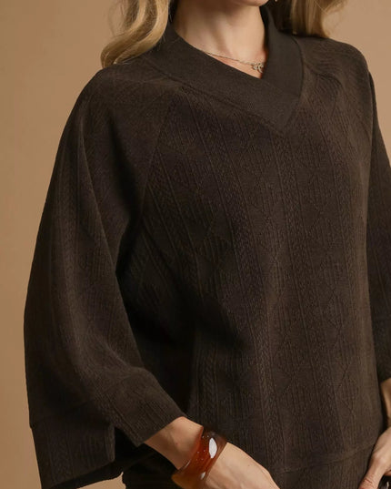 Umgee Textured Knit V - Neck Top - Sleekdenim.com