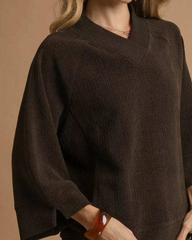 Umgee Textured Knit V - Neck Top - Sleekdenim.com