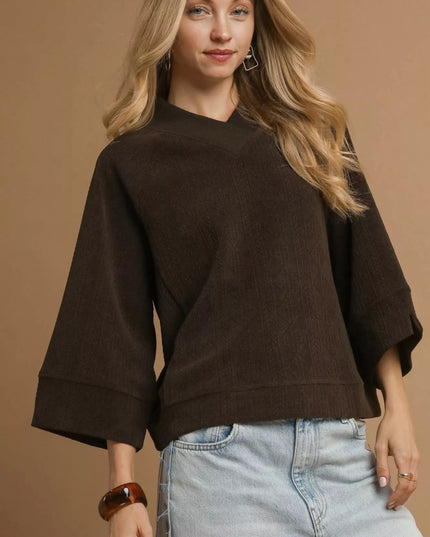 Umgee Textured Knit V - Neck Top - Sleekdenim.com