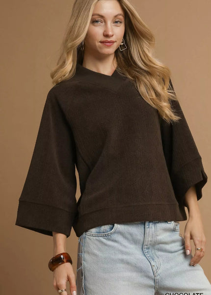 Umgee Textured Knit V - Neck Top - Sleekdenim.com
