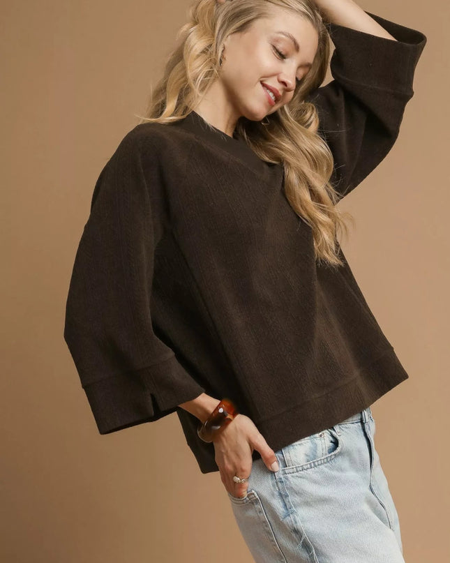 Umgee Textured Knit V - Neck Top - Sleekdenim.com