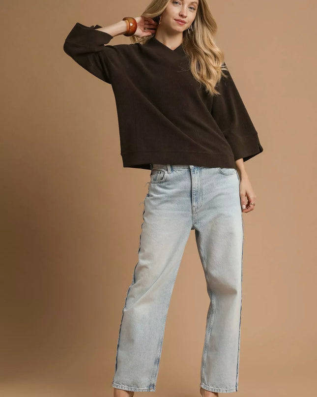Umgee Textured Knit V - Neck Top - Sleekdenim.com