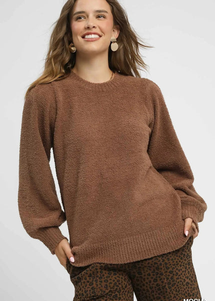Umgee Textured Long Sleeve Sweater with Ribbed Trim - Sleekdenim.com