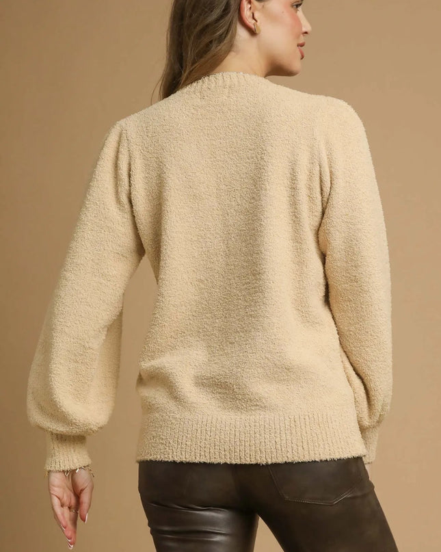 Umgee Textured Long Sleeve Sweater with Ribbed Trim - Sleekdenim.com