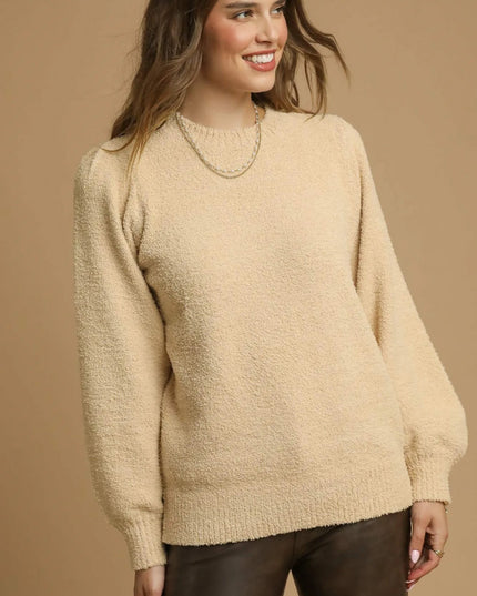 Umgee Textured Long Sleeve Sweater with Ribbed Trim - Sleekdenim.com