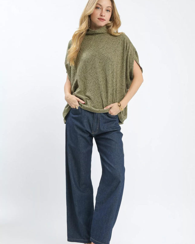 Umgee Textured Mock Neck Relaxed Top - Sleekdenim.com