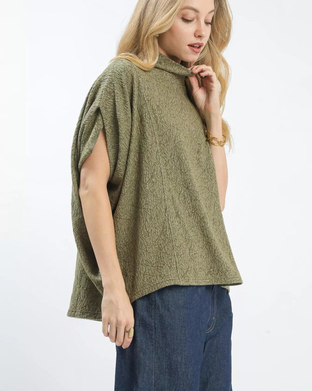 Umgee Textured Mock Neck Relaxed Top - Sleekdenim.com