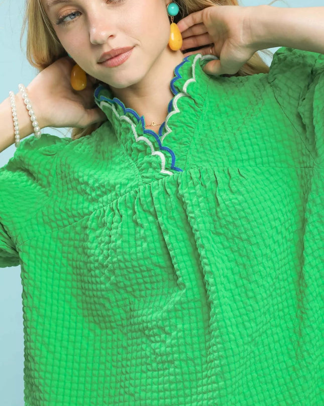 Umgee Textured Puff Sleeve Top with Scalloped Trim - Sleekdenim.com