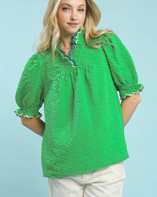 Umgee Textured Puff Sleeve Top with Scalloped Trim - Sleekdenim.com