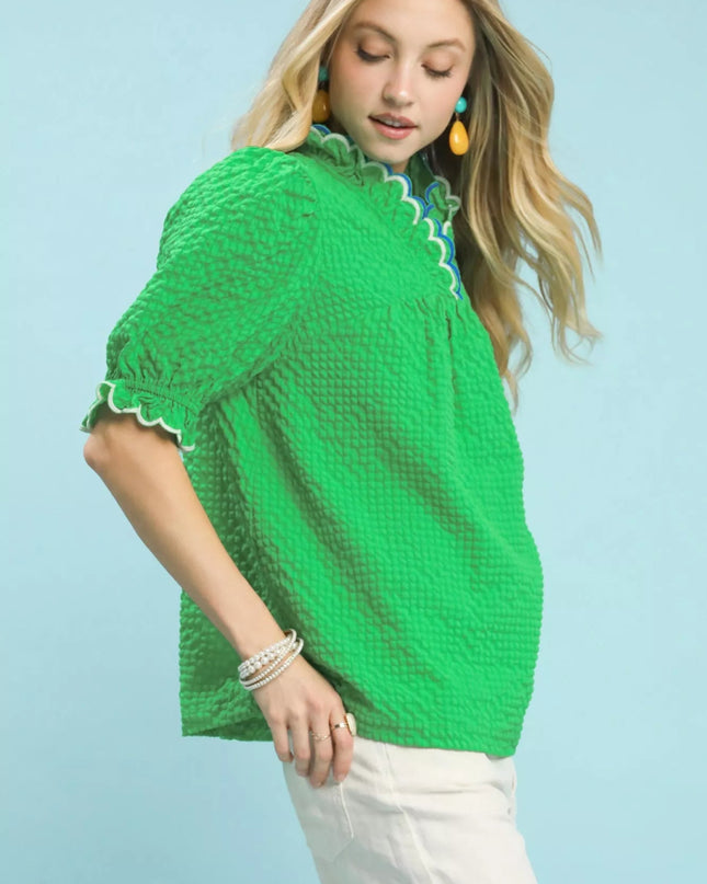 Umgee Textured Puff Sleeve Top with Scalloped Trim - Sleekdenim.com