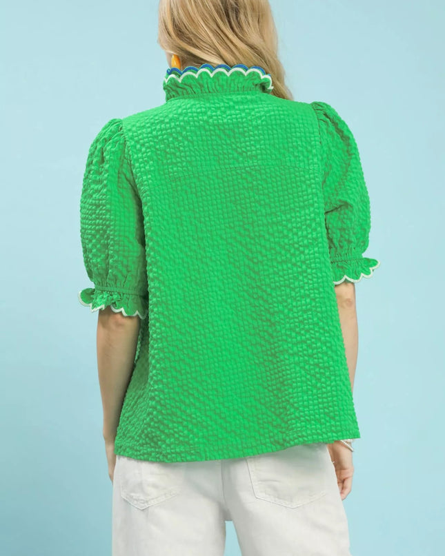 Umgee Textured Puff Sleeve Top with Scalloped Trim - Sleekdenim.com