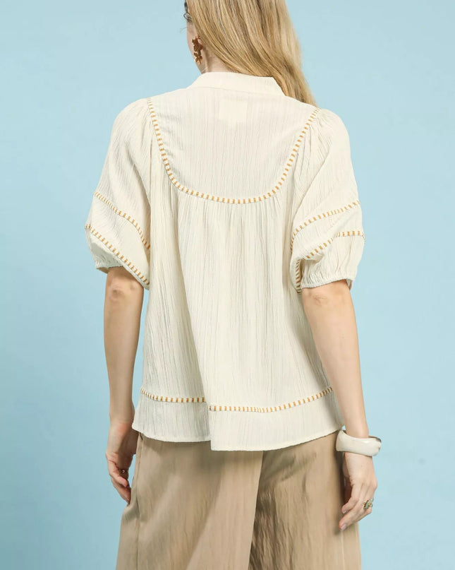 Umgee Textured Short Sleeve Top with Contrast Trim - Sleekdenim.com