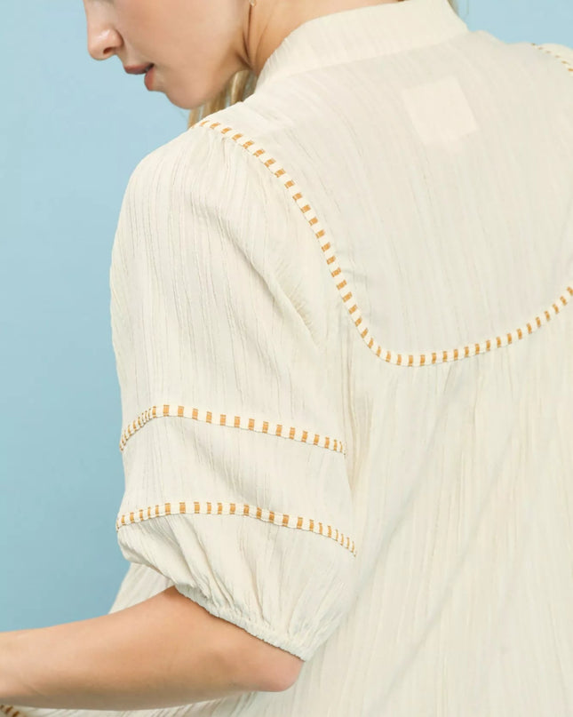 Umgee Textured Short Sleeve Top with Contrast Trim - Sleekdenim.com