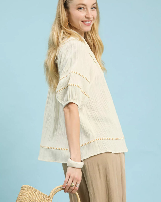Umgee Textured Short Sleeve Top with Contrast Trim - Sleekdenim.com